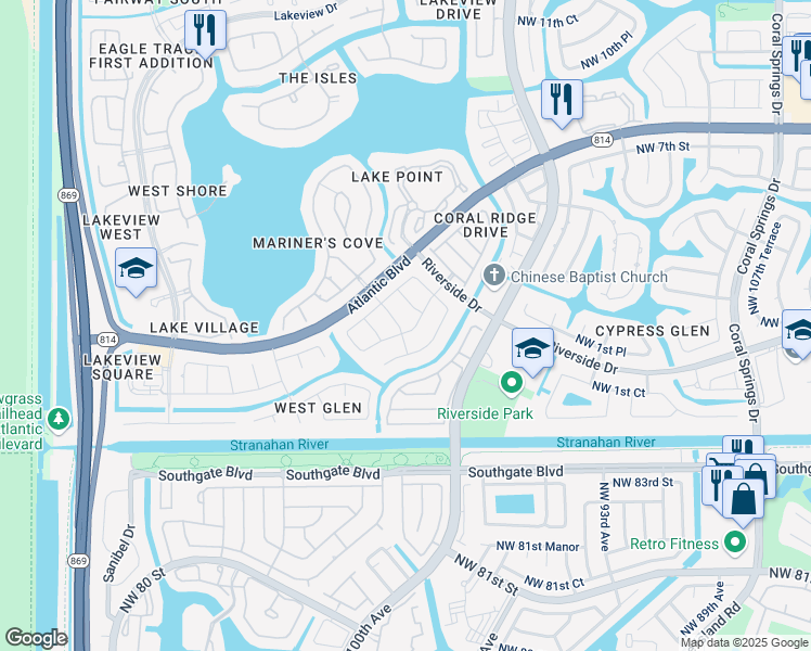map of restaurants, bars, coffee shops, grocery stores, and more near 11857 Northwest 2nd Street in Coral Springs