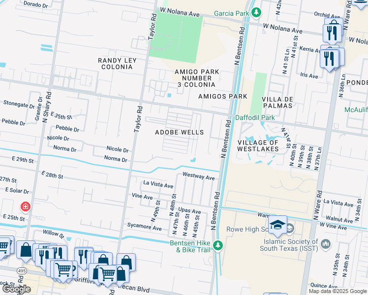 map of restaurants, bars, coffee shops, grocery stores, and more near 4805 Harvey Street in McAllen