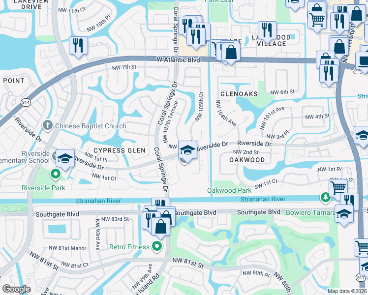 map of restaurants, bars, coffee shops, grocery stores, and more near 10698 Northwest 2nd Place in Coral Springs
