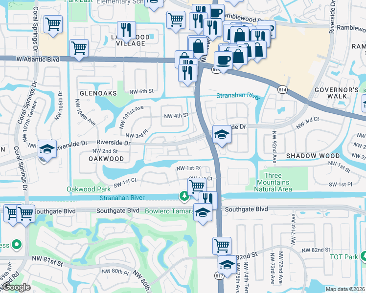 map of restaurants, bars, coffee shops, grocery stores, and more near 160 Northwest 97th Terrace in Coral Springs