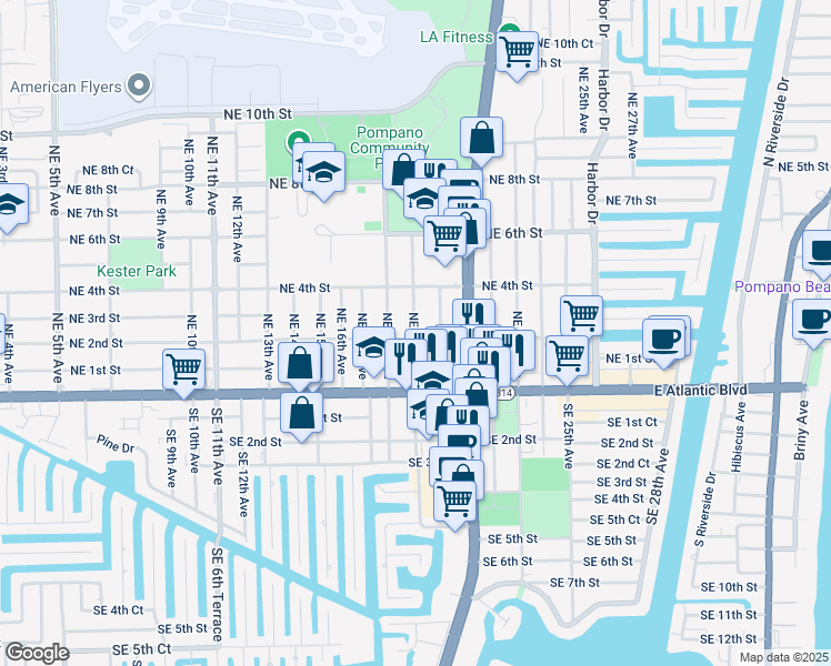 map of restaurants, bars, coffee shops, grocery stores, and more near 1950 Northeast 2nd Street in Pompano Beach