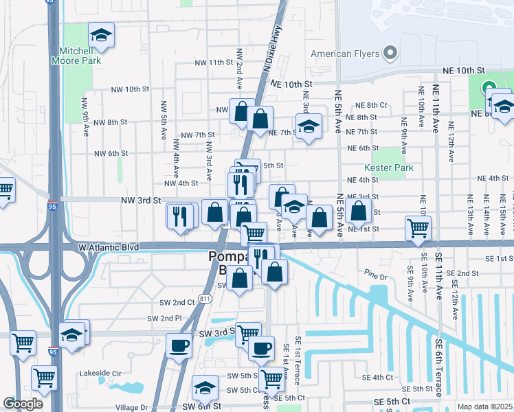 map of restaurants, bars, coffee shops, grocery stores, and more near 103 Northeast 2nd Street in Pompano Beach