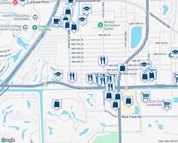 map of restaurants, bars, coffee shops, grocery stores, and more near 2805 Northwest 2nd Street in Pompano Beach