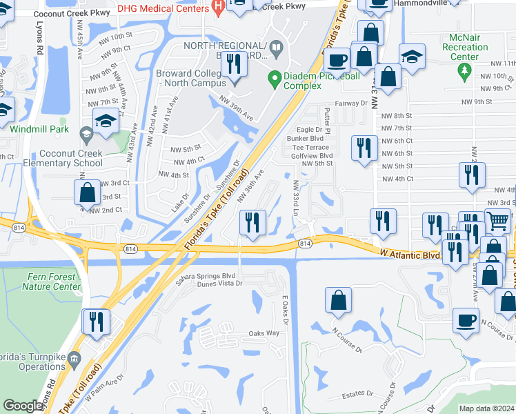 map of restaurants, bars, coffee shops, grocery stores, and more near 3565 West Atlantic Boulevard in Pompano Beach