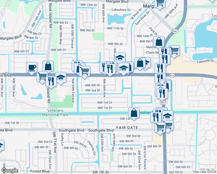 map of restaurants, bars, coffee shops, grocery stores, and more near 6575 Northwest 3rd Street in Margate