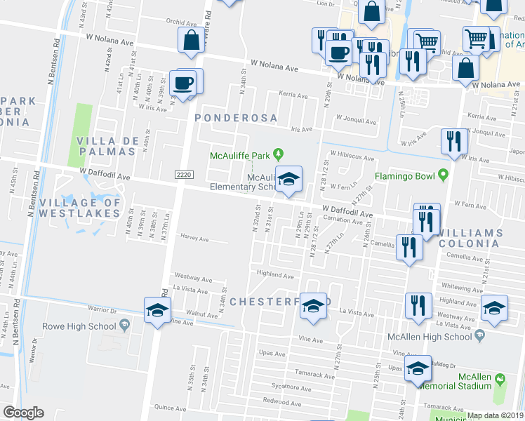map of restaurants, bars, coffee shops, grocery stores, and more near 2905 North 31st Street in McAllen