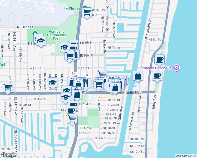 map of restaurants, bars, coffee shops, grocery stores, and more near 2509 Northeast 2nd Street in Pompano Beach