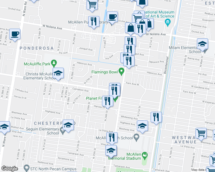 map of restaurants, bars, coffee shops, grocery stores, and more near 3120 N 24 1/2 St in McAllen