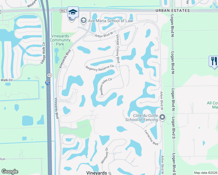 map of restaurants, bars, coffee shops, grocery stores, and more near 514 Avellino Isles Circle in Naples