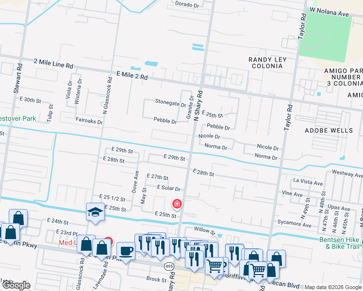 map of restaurants, bars, coffee shops, grocery stores, and more near 2310 Norma Drive in Mission