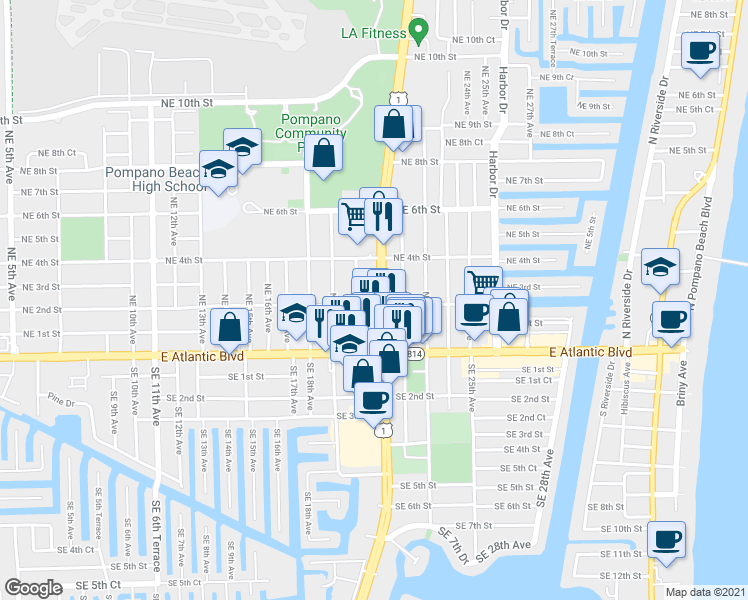 map of restaurants, bars, coffee shops, grocery stores, and more near 219 North Federal Highway in Pompano Beach