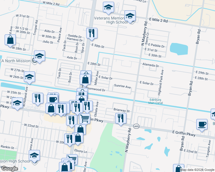 map of restaurants, bars, coffee shops, grocery stores, and more near 214 Sunrise Lane in Mission
