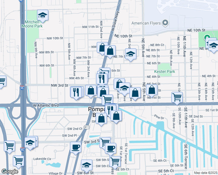 map of restaurants, bars, coffee shops, grocery stores, and more near 200 Northeast 1st Avenue in Pompano Beach