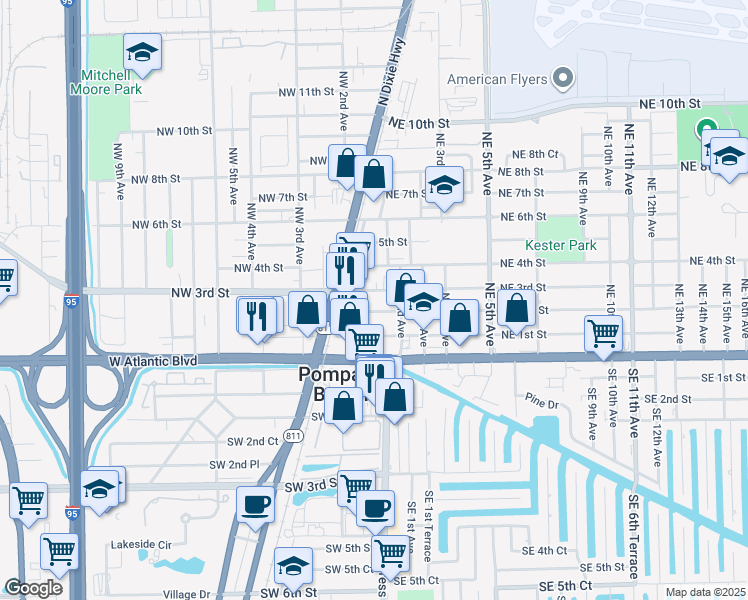 map of restaurants, bars, coffee shops, grocery stores, and more near 200 Northeast 1st Avenue in Pompano Beach