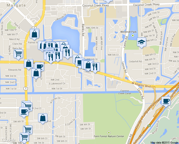 map of restaurants, bars, coffee shops, grocery stores, and more near 299 East Hemingway Circle in Margate