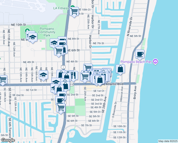 map of restaurants, bars, coffee shops, grocery stores, and more near 2509 Northeast 2nd Street in Pompano Beach