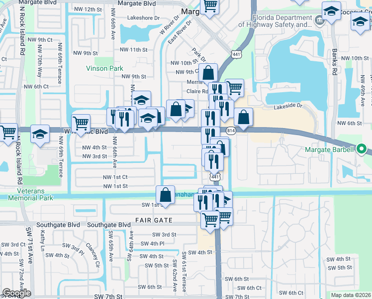 map of restaurants, bars, coffee shops, grocery stores, and more near 6047 Northwest 3rd Street in Margate