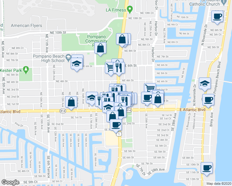 map of restaurants, bars, coffee shops, grocery stores, and more near in Pompano Beach