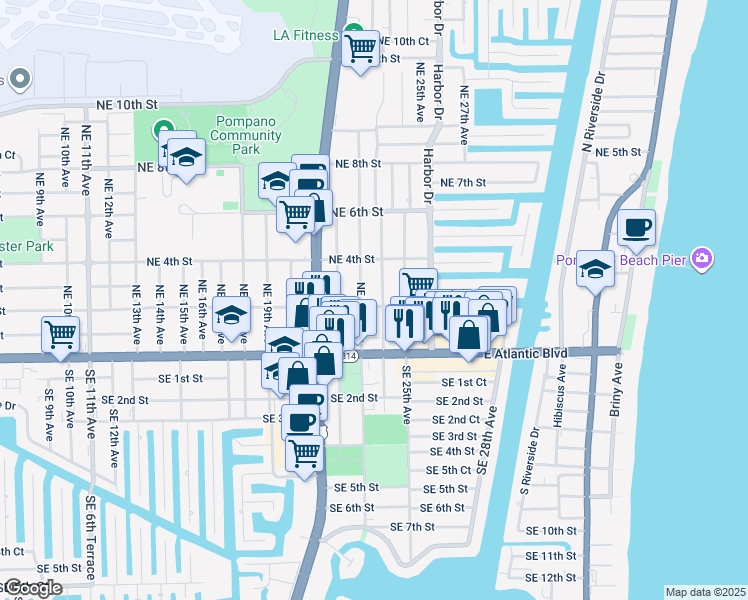 map of restaurants, bars, coffee shops, grocery stores, and more near 41 Northeast 24th Avenue in Pompano Beach