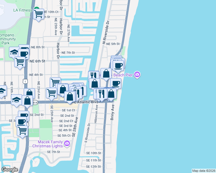 map of restaurants, bars, coffee shops, grocery stores, and more near in Pompano Beach