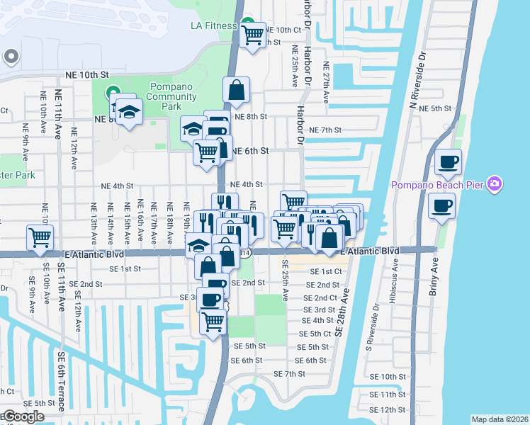 map of restaurants, bars, coffee shops, grocery stores, and more near 41 Northeast 24th Avenue in Pompano Beach