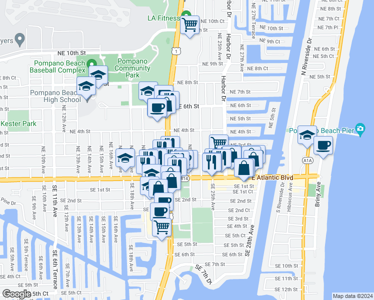 map of restaurants, bars, coffee shops, grocery stores, and more near 2224 Northeast 2nd Street in Pompano Beach