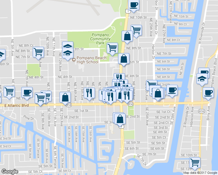 map of restaurants, bars, coffee shops, grocery stores, and more near 1950 Northeast 2nd Street in Pompano Beach