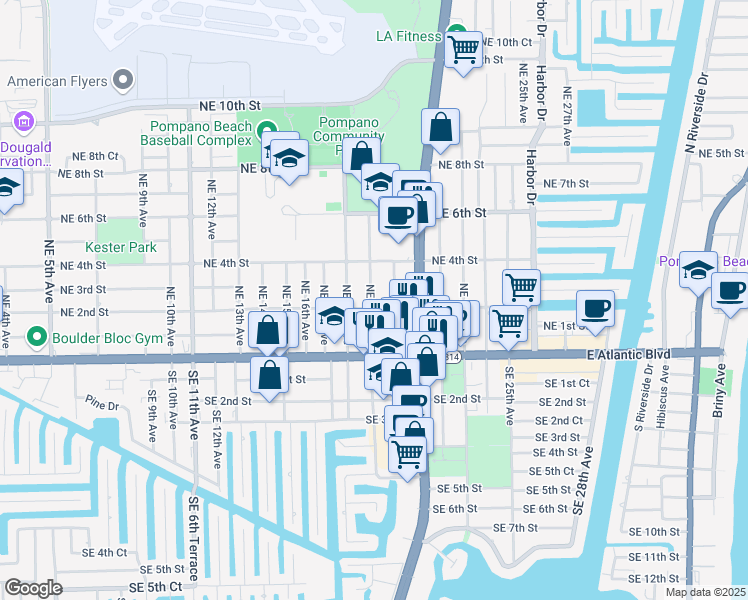 map of restaurants, bars, coffee shops, grocery stores, and more near 1950 Northeast 2nd Street in Pompano Beach