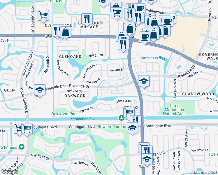 map of restaurants, bars, coffee shops, grocery stores, and more near 170 Northwest 98th Way in Coral Springs