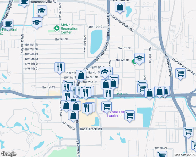 map of restaurants, bars, coffee shops, grocery stores, and more near 2178 Northwest 3rd Street in Pompano Beach