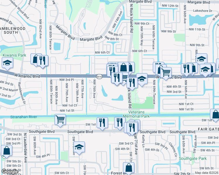 map of restaurants, bars, coffee shops, grocery stores, and more near 7300 Lake Circle Drive in Margate