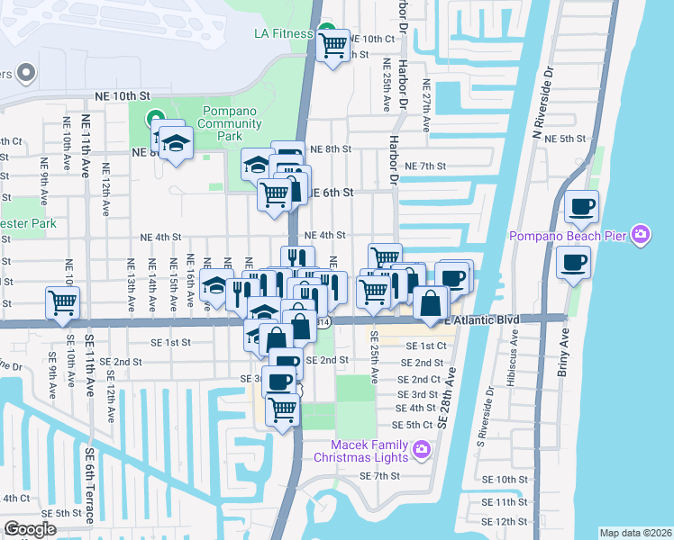 map of restaurants, bars, coffee shops, grocery stores, and more near 2224 Northeast 2nd Street in Pompano Beach