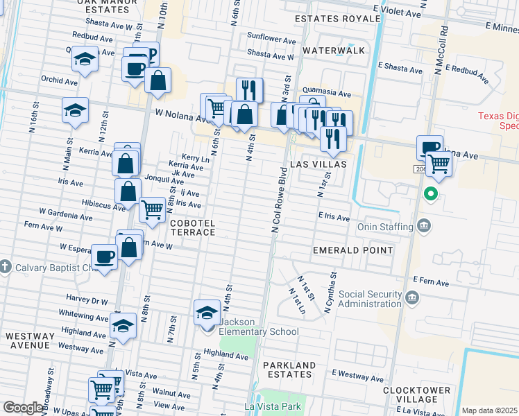 map of restaurants, bars, coffee shops, grocery stores, and more near 212 Iris Avenue in McAllen