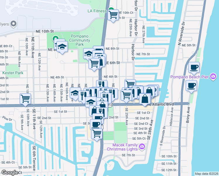 map of restaurants, bars, coffee shops, grocery stores, and more near 2224 Northeast 2nd Street in Pompano Beach