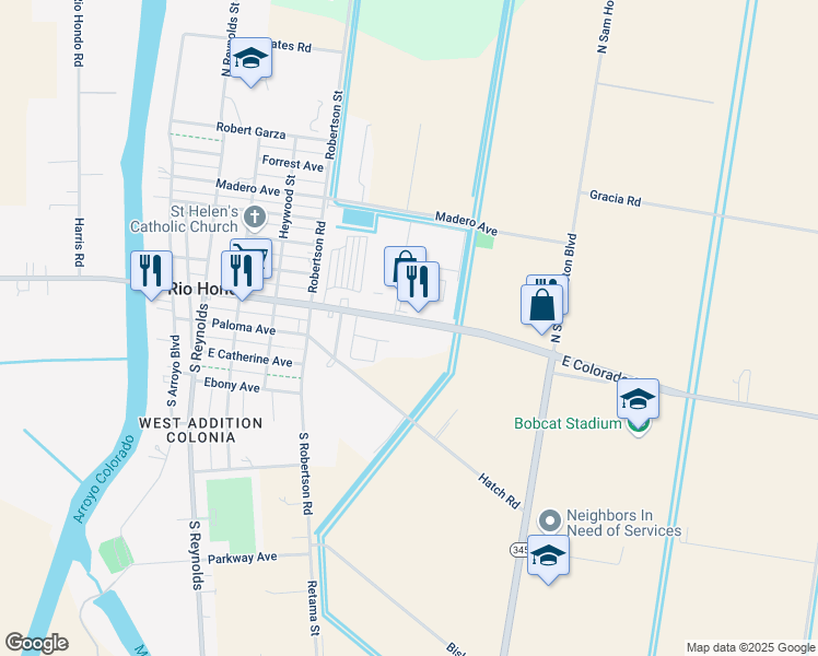 map of restaurants, bars, coffee shops, grocery stores, and more near 410 E Colorado St in Rio Hondo