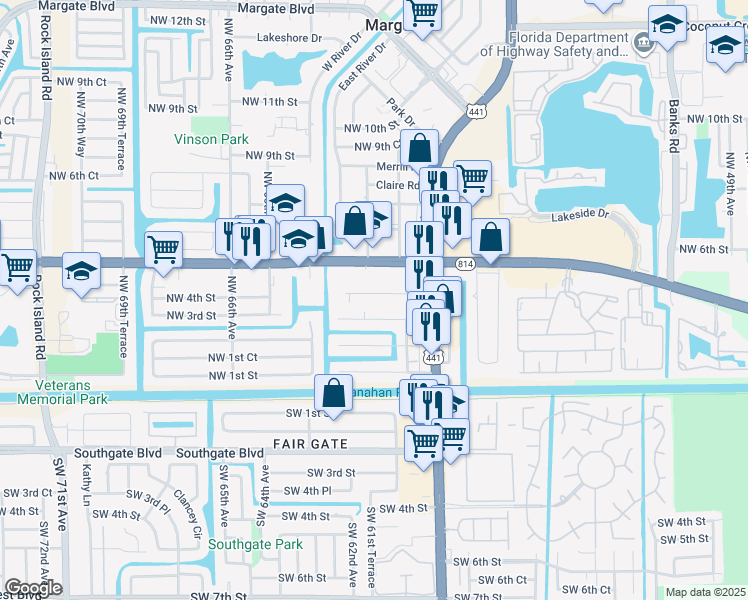 map of restaurants, bars, coffee shops, grocery stores, and more near 6047 Northwest 3rd Street in Margate