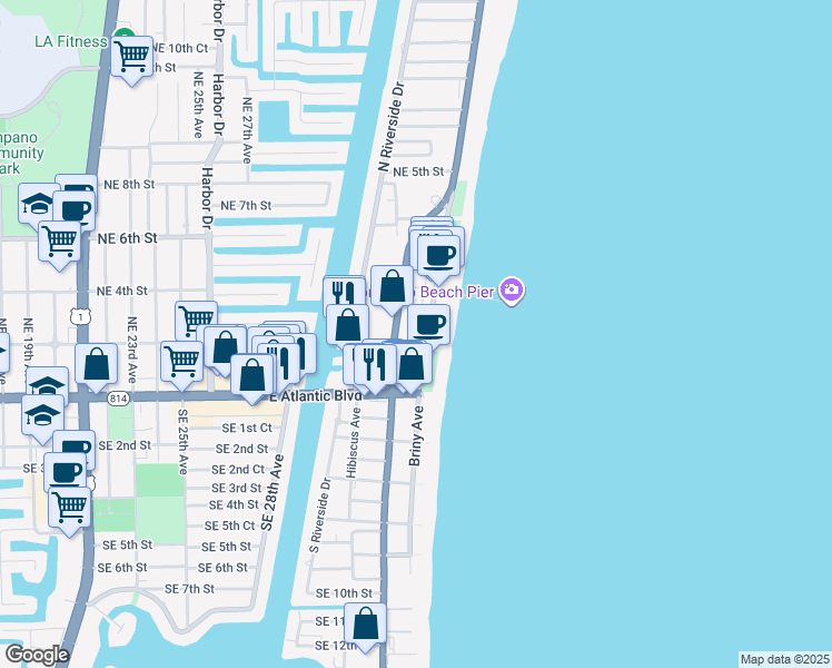 map of restaurants, bars, coffee shops, grocery stores, and more near 111 North Pompano Beach Boulevard in Pompano Beach