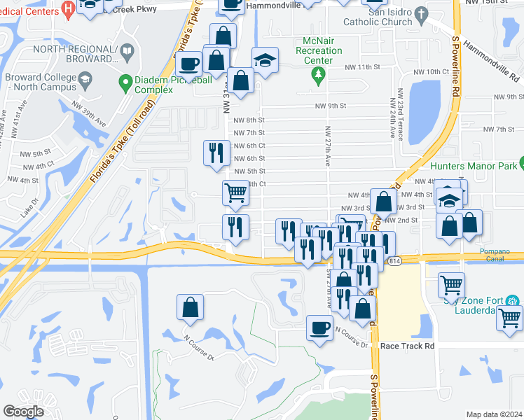 map of restaurants, bars, coffee shops, grocery stores, and more near 295 Northwest 30th Avenue in Pompano Beach