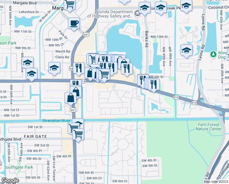 map of restaurants, bars, coffee shops, grocery stores, and more near 5500 North Lakewood Circle in Margate