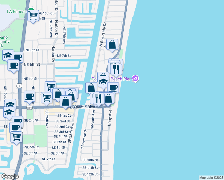 map of restaurants, bars, coffee shops, grocery stores, and more near 1035 North Pompano Beach Boulevard in Pompano Beach
