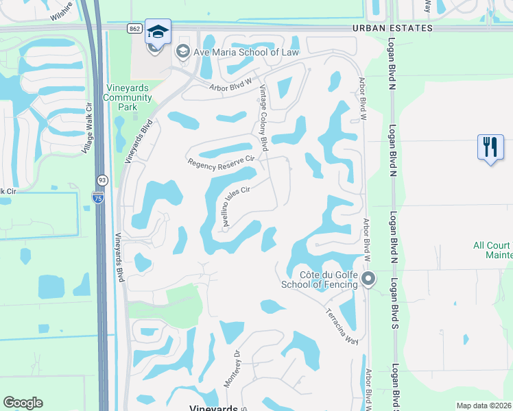 map of restaurants, bars, coffee shops, grocery stores, and more near 514 Avellino Isles Circle in Naples