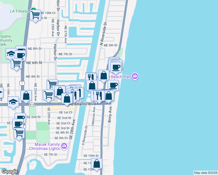 map of restaurants, bars, coffee shops, grocery stores, and more near 1035 North Pompano Beach Boulevard in Pompano Beach