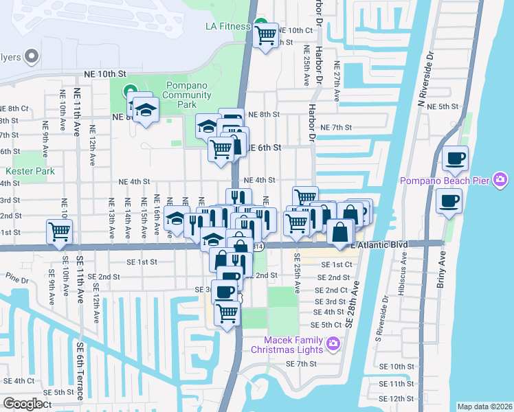 map of restaurants, bars, coffee shops, grocery stores, and more near 2224 Northeast 2nd Street in Pompano Beach