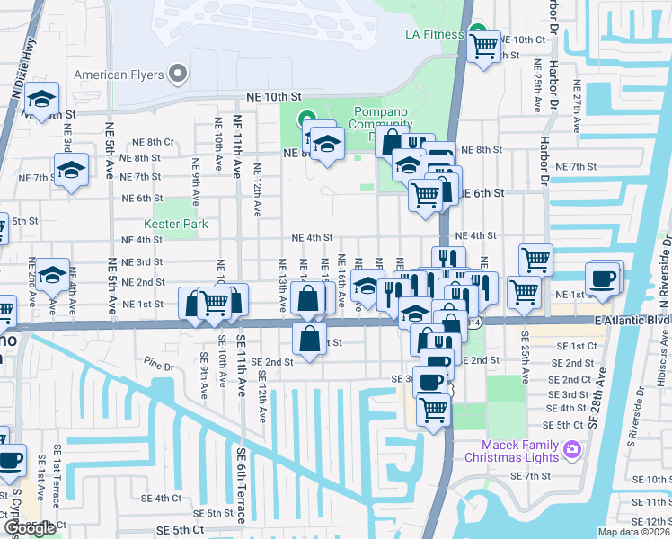 map of restaurants, bars, coffee shops, grocery stores, and more near 1600 Northeast 2nd Street in Pompano Beach