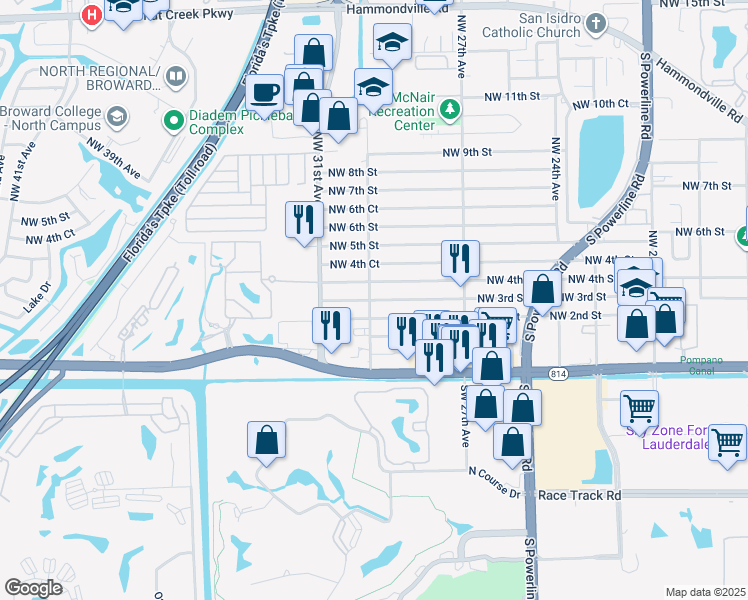 map of restaurants, bars, coffee shops, grocery stores, and more near 2921 Northwest 2nd Street in Pompano Beach
