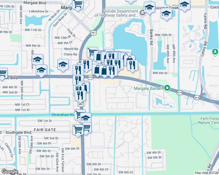map of restaurants, bars, coffee shops, grocery stores, and more near 5520 North Lakewood Circle in Margate