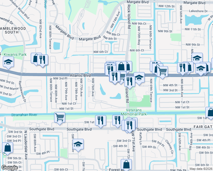 map of restaurants, bars, coffee shops, grocery stores, and more near 7300 Lake Circle Drive in Margate