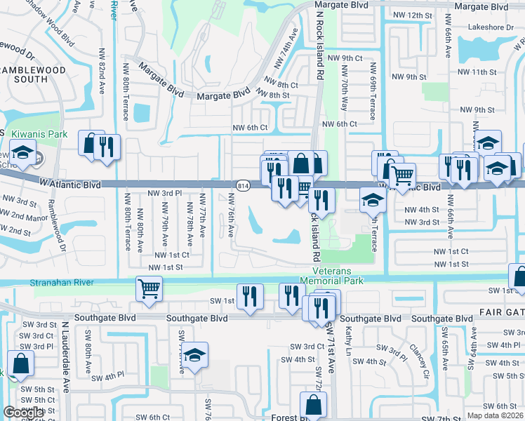 map of restaurants, bars, coffee shops, grocery stores, and more near 7300 Lake Circle Drive in Margate