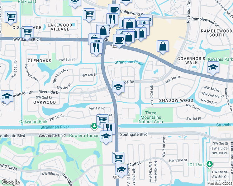 map of restaurants, bars, coffee shops, grocery stores, and more near 5491 University Drive in Coral Springs