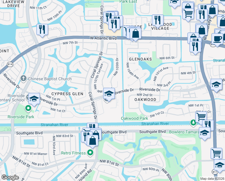 map of restaurants, bars, coffee shops, grocery stores, and more near 10698 Northwest 2nd Place in Coral Springs